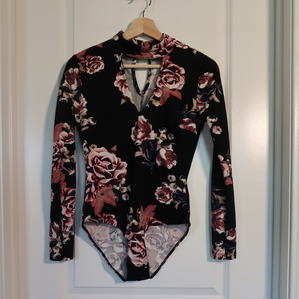 Long Sleeve Mock Neck Floral Bodysuit with Cut Out Chest Detail